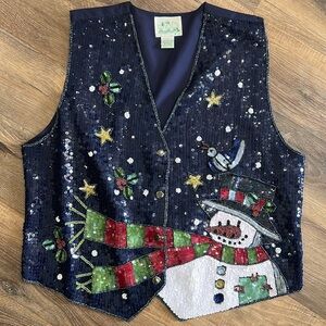 The Quacker Factory sequin snowman Christmas vest Large Navy